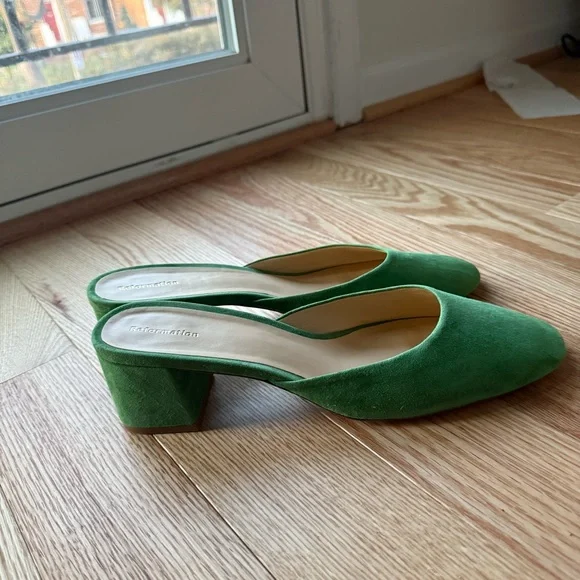 Reformation Green Suede Mules Chunky Heel 2.5 Inch Size 11 - Picture 5 of 8